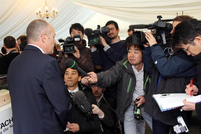 Hitachi Rail Europe executive chairman Alistair Dormer talks to the eager Japanese media