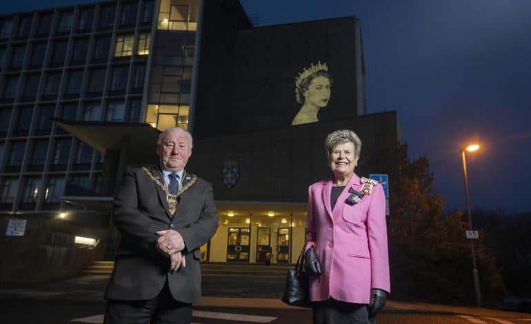 Portrait of HM The Queen projected onto County Hall as part of Platinum Jubilee celebrations